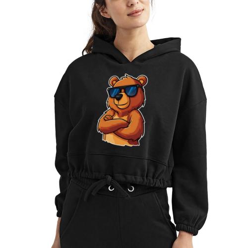 Cool Bear Sunglasses Cartoon Design - Women’s Cropped Hoodie