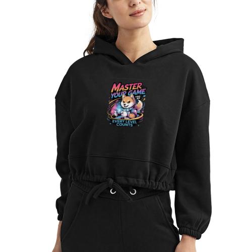 Cute Gamer Shiba Inu Level Up - Women’s Cropped Hoodie