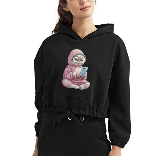 Cool Cat Bubble Tea Cartoon Design - Women’s Cropped Hoodie