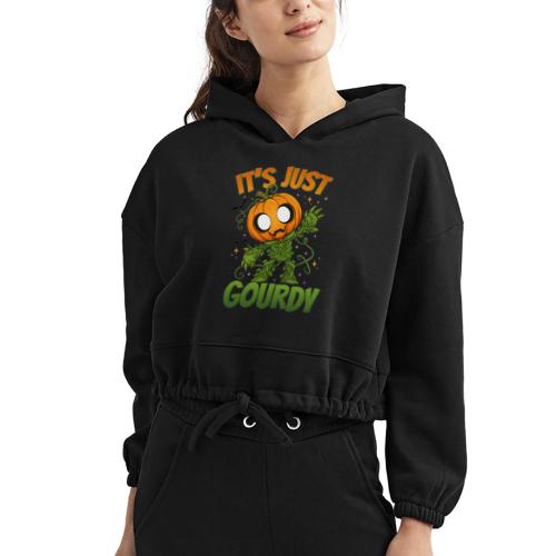 Cute Pumpkin Monster “It’s Just Gourdy” Funny - Women’s Cropped Hoodie