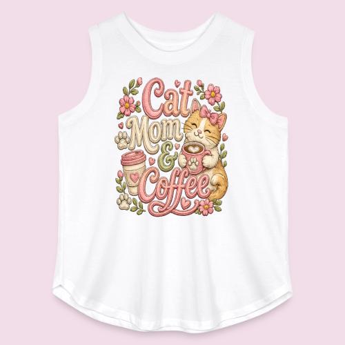 Cat Mom & Coffee Faux Stitched Cat Lover Design - Women's Curvy Relaxed Tank Top