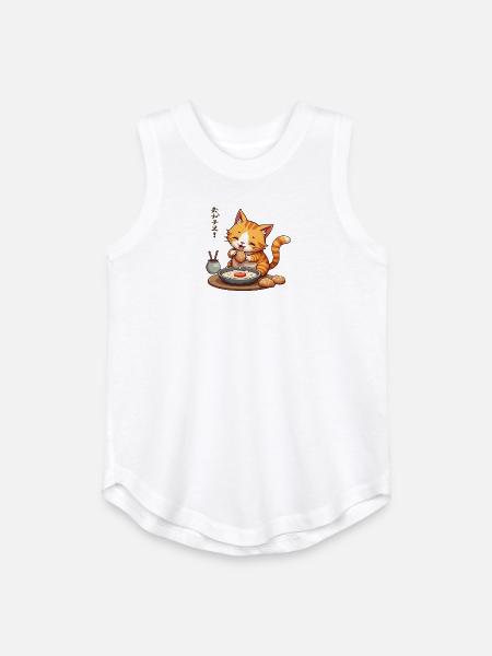 Cute Cat Enjoying Japanese Meal - Youth Girls Relaxed Tank Top - white
