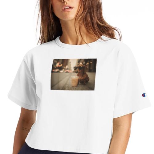Funny Dachshund Iced Coffee Lover Tee - Champion Women’s Cropped T-Shirt