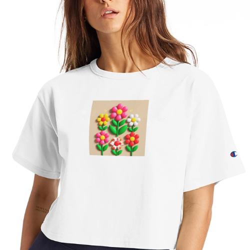 3D Flowers and Butterflies in Amber, Floral Design - Champion Women’s Cropped T-Shirt