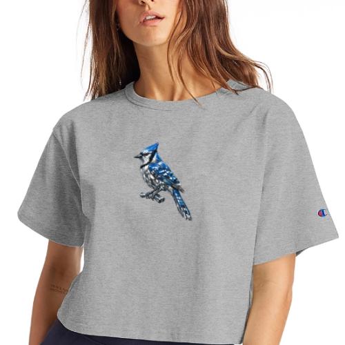 Silver Blue Jay on Perch + Flight Stages 2-print - Champion Women’s Cropped T-Shirt