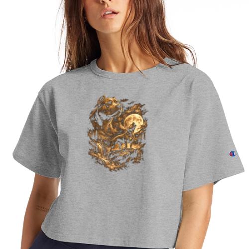 Pit Bull Howling Moon Fantasy Forest Tee - Champion Women’s Cropped T-Shirt