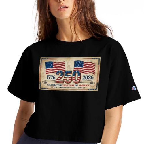 USA 250th Anniversary Flags Emblem - Champion Women’s Cropped T-Shirt