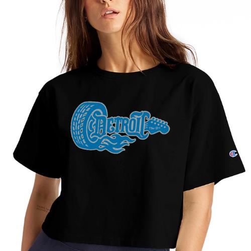 The D® - Detroit Wheel Guitar with Flames Bl Slvr - Champion Women’s Cropped T-Shirt