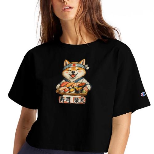Funny Shiba Inu Sushi Kawaii Dog Tee - Champion Women’s Cropped T-Shirt