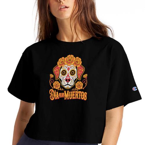Dia De Los Muertos Dog Skull Flowers - Champion Women’s Cropped T-Shirt