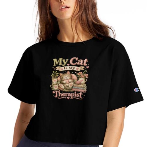 Flux Faux Embroidery My Cat Is My Therapist Design - Champion Women’s Cropped T-Shirt