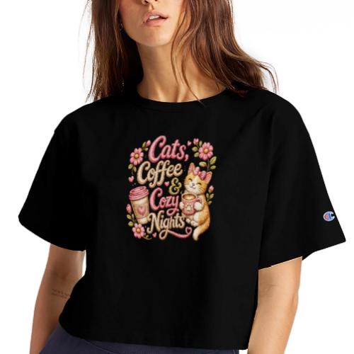 Cats, Coffee & Cozy Nights Faux Stitched Design - Champion Women’s Cropped T-Shirt