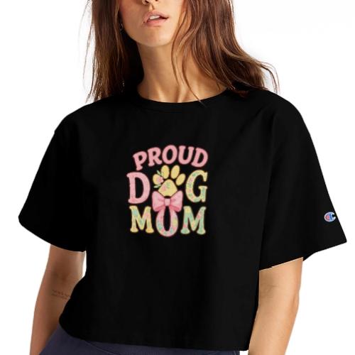 Proud Dog Mom Floral Paw Bow - Champion Women’s Cropped T-Shirt