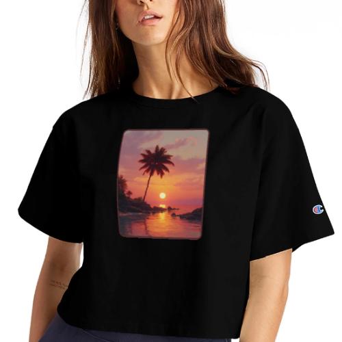 Tropical Beach Sunset Palm Design - Champion Women’s Cropped T-Shirt