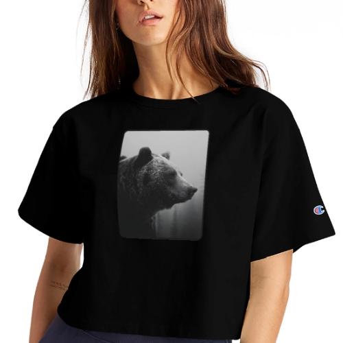 Grizzly Bear Black White Portrait Design - Champion Women’s Cropped T-Shirt