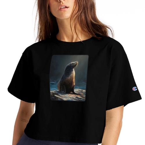 Fur Seal Artistic Shore Portrait Design - Champion Women’s Cropped T-Shirt