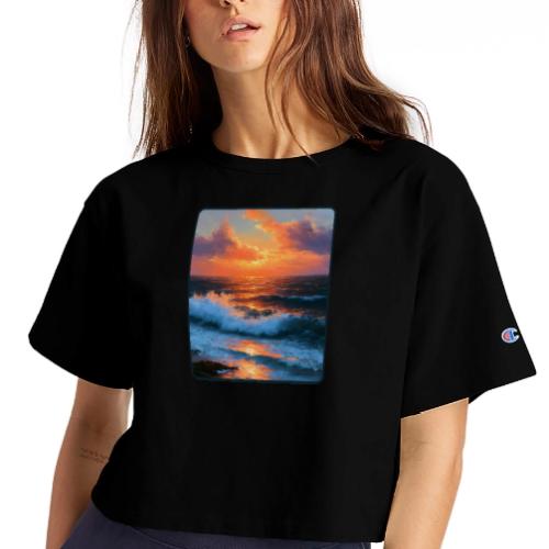 Sunset Storm Waves Oil Painting - Champion Women’s Cropped T-Shirt