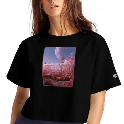 Cosmic Moon & Cosmos Flowers Art - Champion Women’s Cropped T-Shirt