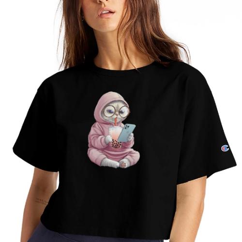 Cool Cat Bubble Tea Cartoon Design - Champion Women’s Cropped T-Shirt