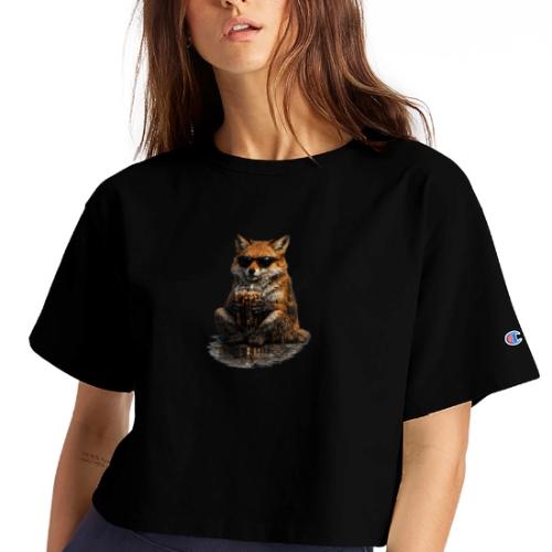 Cool Red Fox Wearing Sunglasses Drinking Coffee - Champion Women’s Cropped T-Shirt