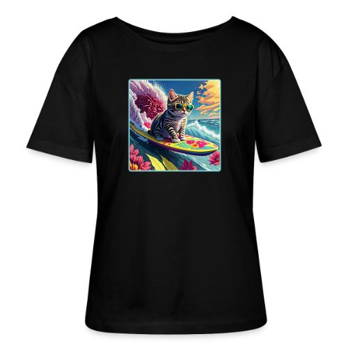 Kitten Surfing A Pink Flower Wave - Stanley/Stella Serena Women’s Relaxed Organic T-Shirt