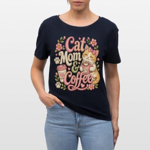 Cat Mom & Coffee Faux Stitched Cat Lover Design - Stanley/Stella Serena Women’s Relaxed Organic T-Shirt
