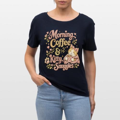 Morning Coffee & Kitty Snuggles Faux Stitched - Stanley/Stella Serena Women’s Relaxed Organic T-Shirt