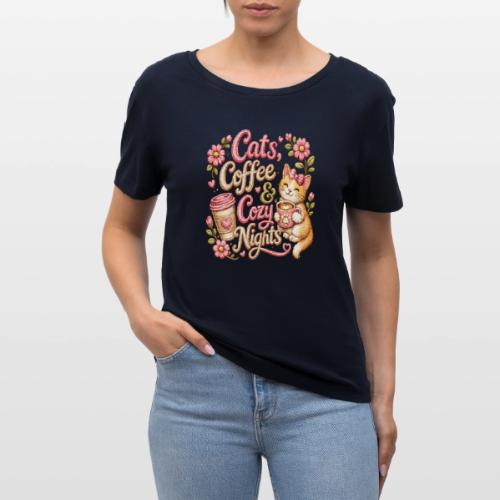 Cats, Coffee & Cozy Nights Faux Stitched Design - Stanley/Stella Serena Women’s Relaxed Organic T-Shirt