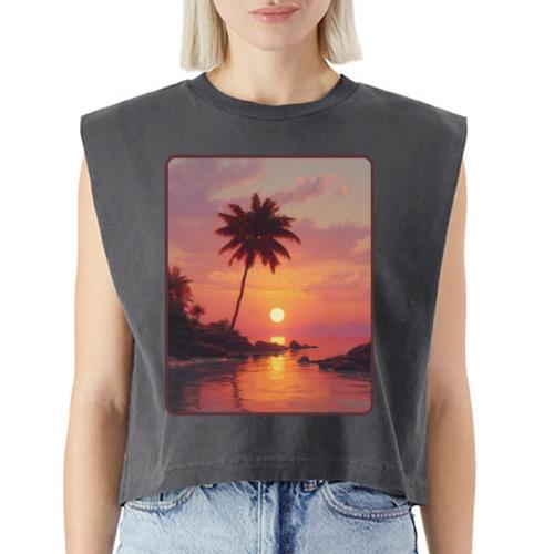 Tropical Beach Sunset Palm Design - Washed Women´s Muscle Tank Top
