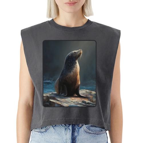 Fur Seal Artistic Shore Portrait Design - Washed Women´s Muscle Tank Top