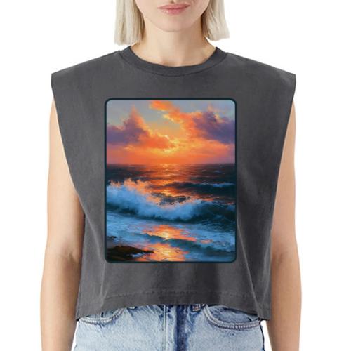 Sunset Storm Waves Oil Painting - Washed Women´s Muscle Tank Top