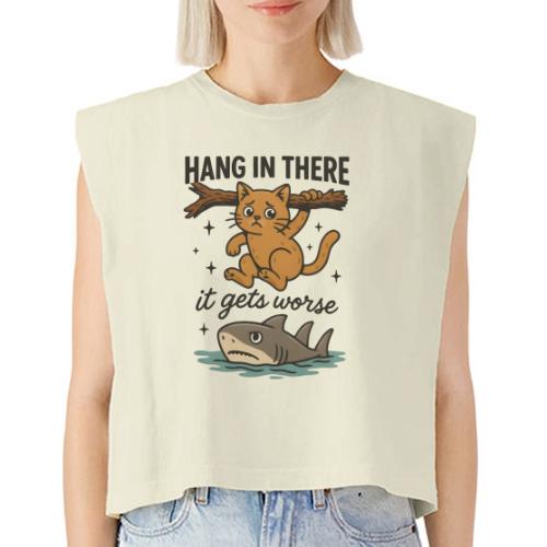 Funny Hang in There, It Gets Worse Cat and Shark - Washed Women´s Muscle Tank Top