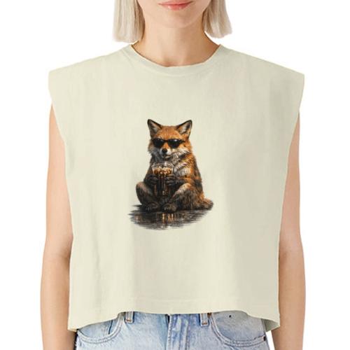 Cool Red Fox Wearing Sunglasses Drinking Coffee - Washed Women´s Muscle Tank Top