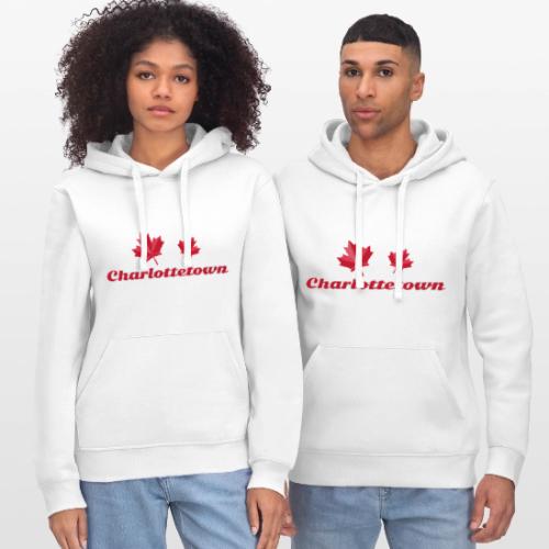 Charlottetown with two red maple leaves - Stanley/Stella Drummer Unisex Organic Hoodie