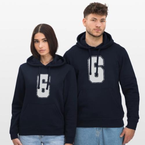 White Number 6 – Varsity Font - Stanley/Stella Drummer Unisex Organic Hoodie