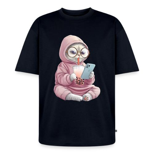 Cool Cat Bubble Tea Cartoon Design - Unisex Premium Oversized Organic T-Shirt