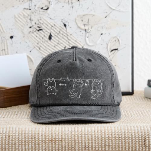 Minimalist Hanging Cats Line Art - Cute Kittens - Vintage Washed Rope Cap