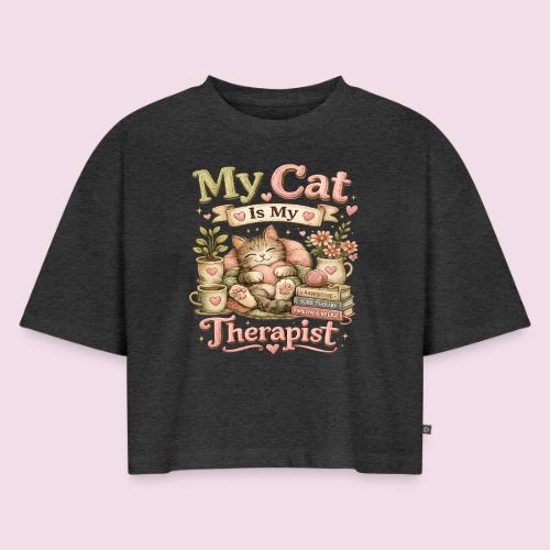 Flux Faux Embroidery My Cat Is My Therapist Design - Women's Oversized Organic Cropped T-Shirt