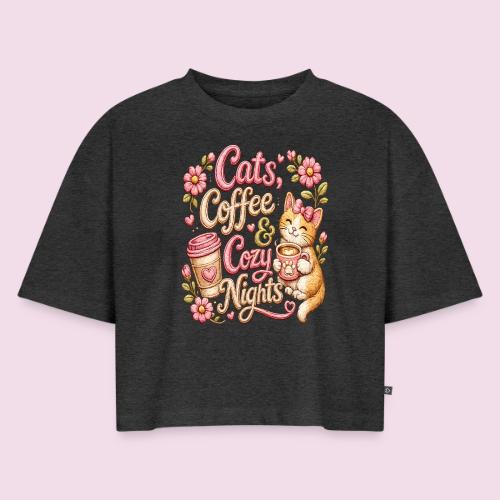 Cats, Coffee & Cozy Nights Faux Stitched Design - Women's Oversized Organic Cropped T-Shirt