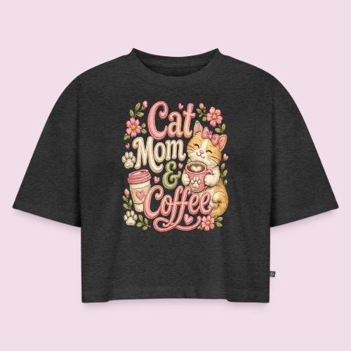 Cat Mom & Coffee Faux Stitched Cat Lover Design - Women's Oversized Organic Cropped T-Shirt