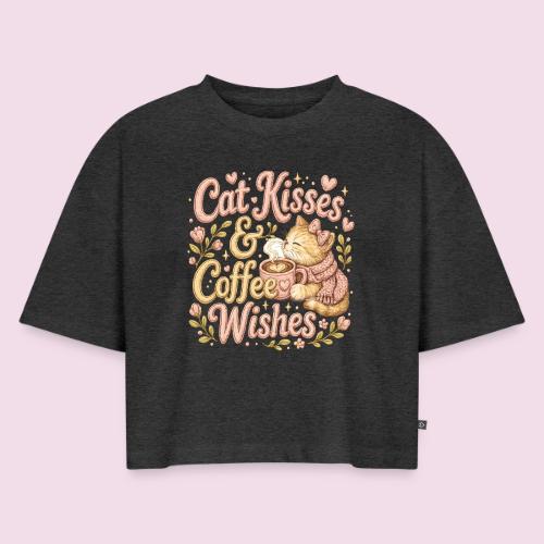 Cat Kisses & Coffee Wishes Faux Stitched - Women's Oversized Organic Cropped T-Shirt