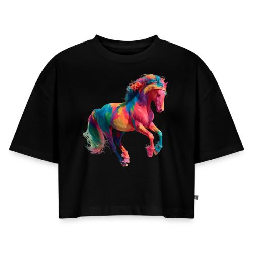 Colorful Paint Splatter Horse Art - Women's Oversized Organic Cropped T-Shirt