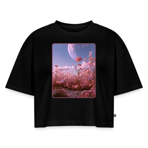 Cosmic Moon & Cosmos Flowers Art - Women's Oversized Organic Cropped T-Shirt