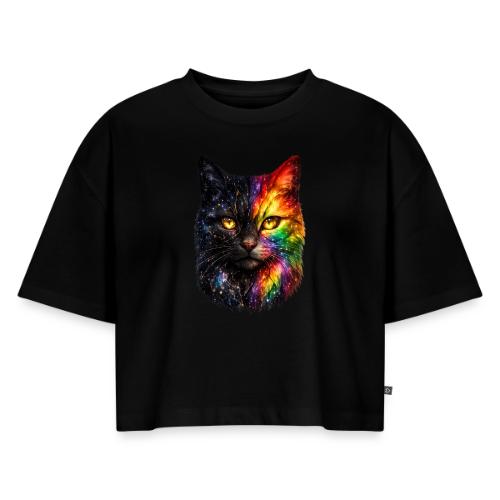 Cosmic Galaxy Rainbow Cat - Women's Oversized Organic Cropped T-Shirt
