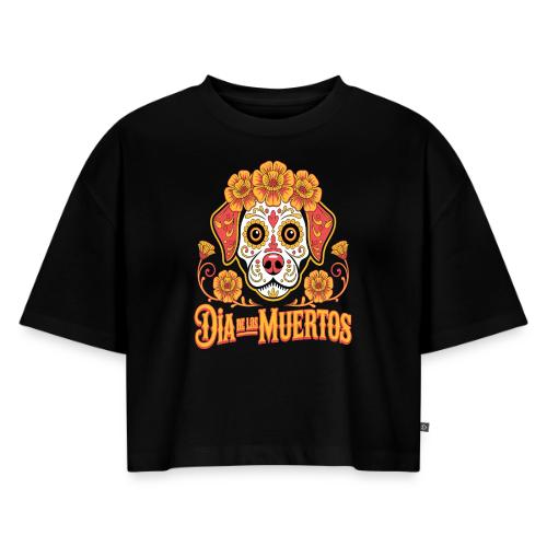 Dia De Los Muertos Dog Skull Flowers - Women's Oversized Organic Cropped T-Shirt