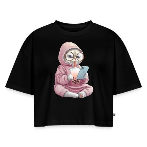Cool Cat Bubble Tea Cartoon Design - Women's Oversized Organic Cropped T-Shirt