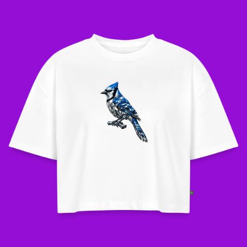Silver Blue Jay on Perch - Women's Oversized Organic Cropped T-Shirt