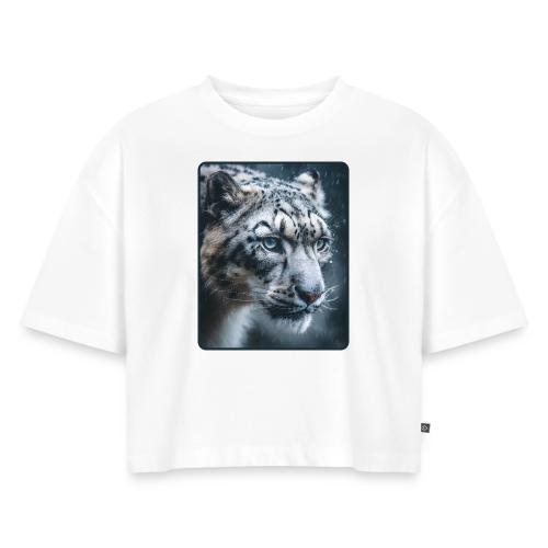 Snow Leopard Blue Eyes Design - Women's Oversized Organic Cropped T-Shirt