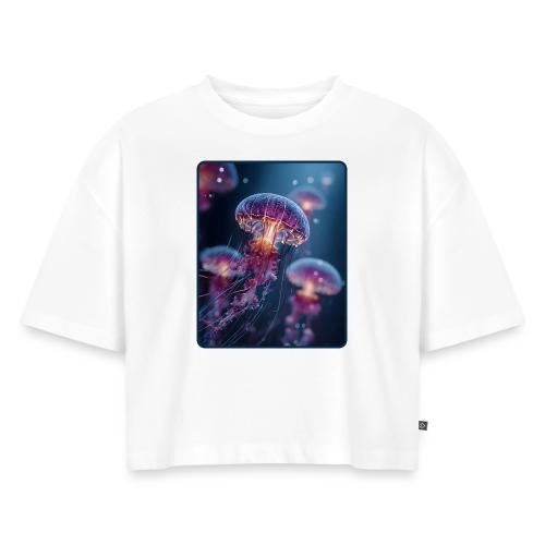 Glowing Jellyfish Deep Sea Design - Women's Oversized Organic Cropped T-Shirt