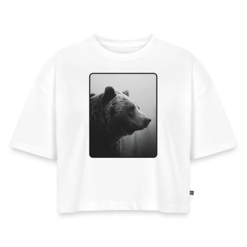 Grizzly Bear Black White Portrait Design - Women's Oversized Organic Cropped T-Shirt